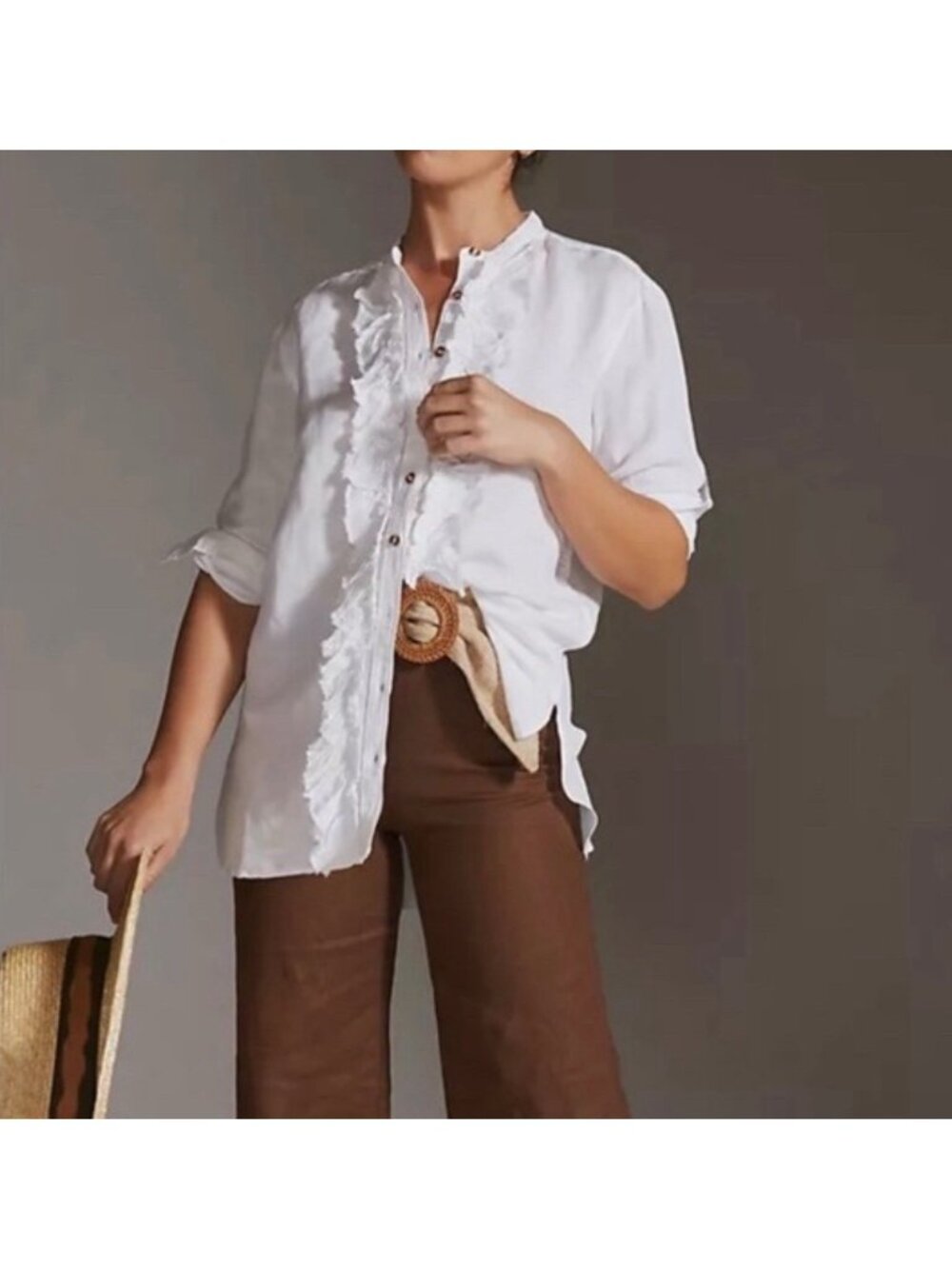 PILCRO Women's Linen Blend Blouse Size S Relaxed Fit Frayed Ruffle Button Down